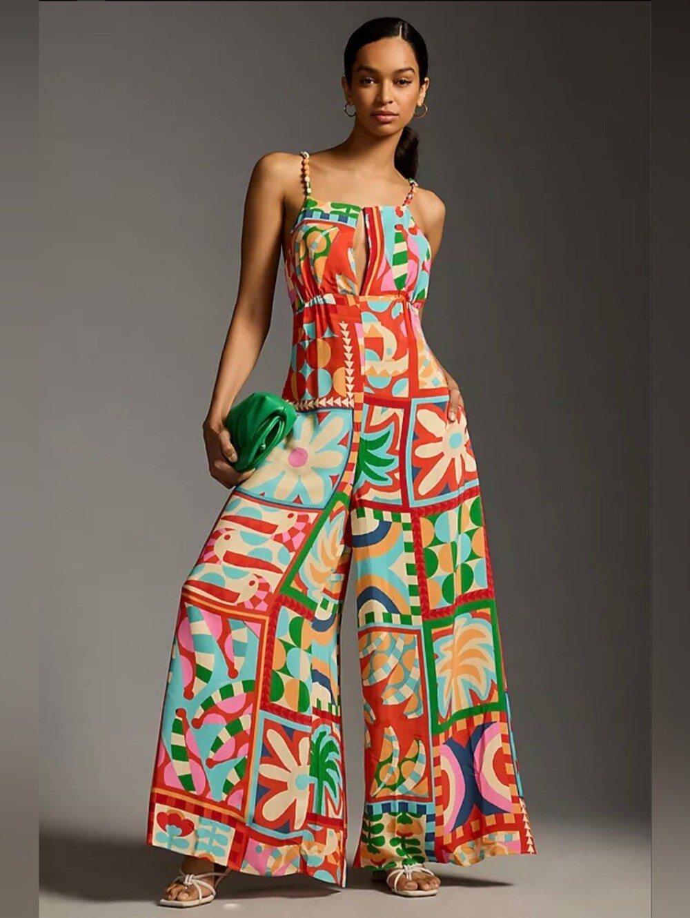 FARM Rio Colorblock Floral Patchwork Wide-Leg Jumpsuit — Orange, Green, Pink